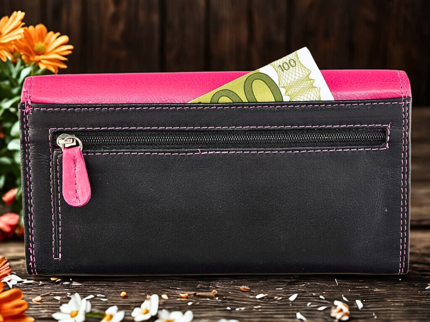 Black and pink Nappa leather long wallet open showing 12 card slots and pink interior | The Leather Gift Co