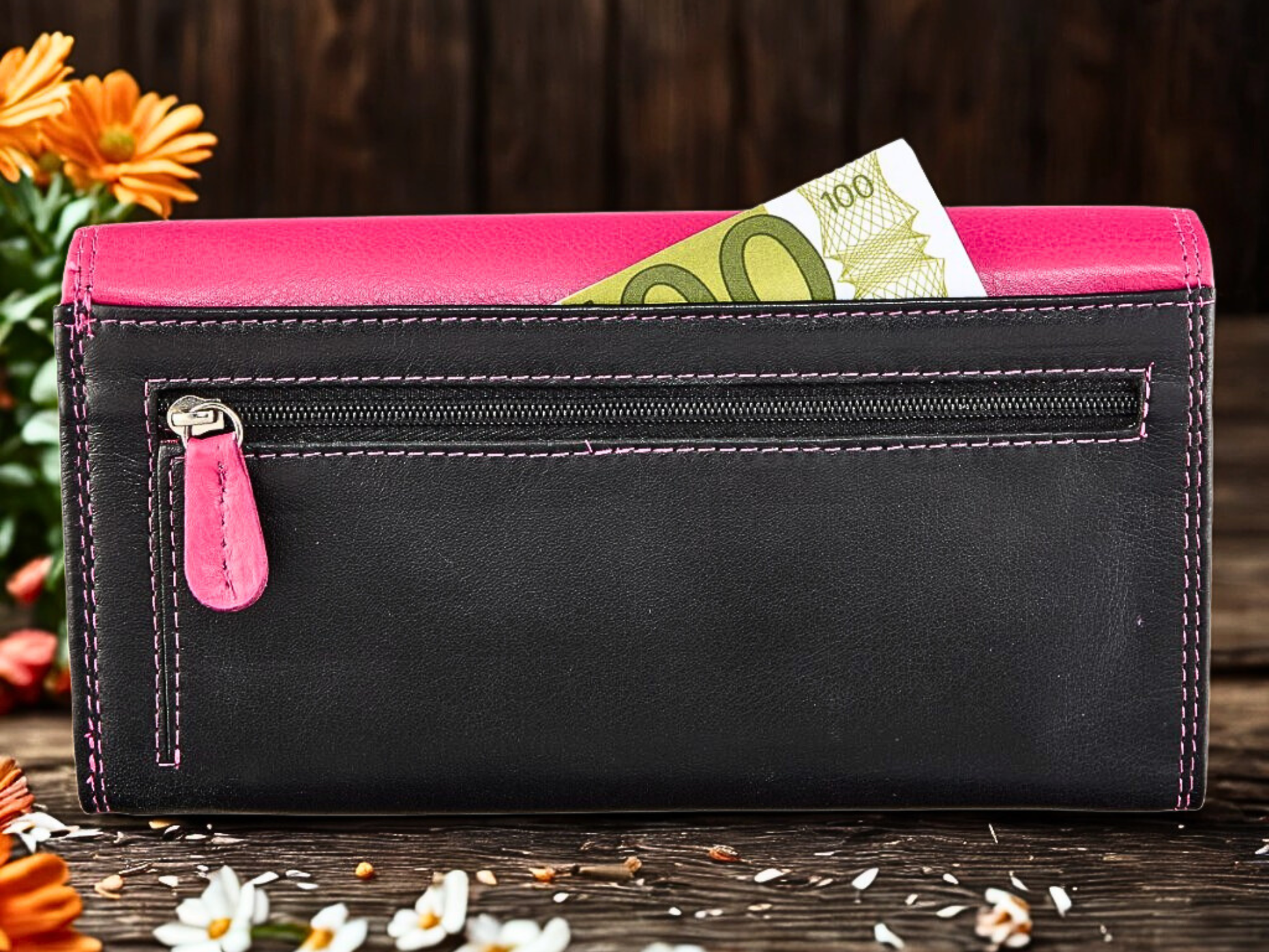 Black and pink Nappa leather long wallet open showing 12 card slots and pink interior | The Leather Gift Co