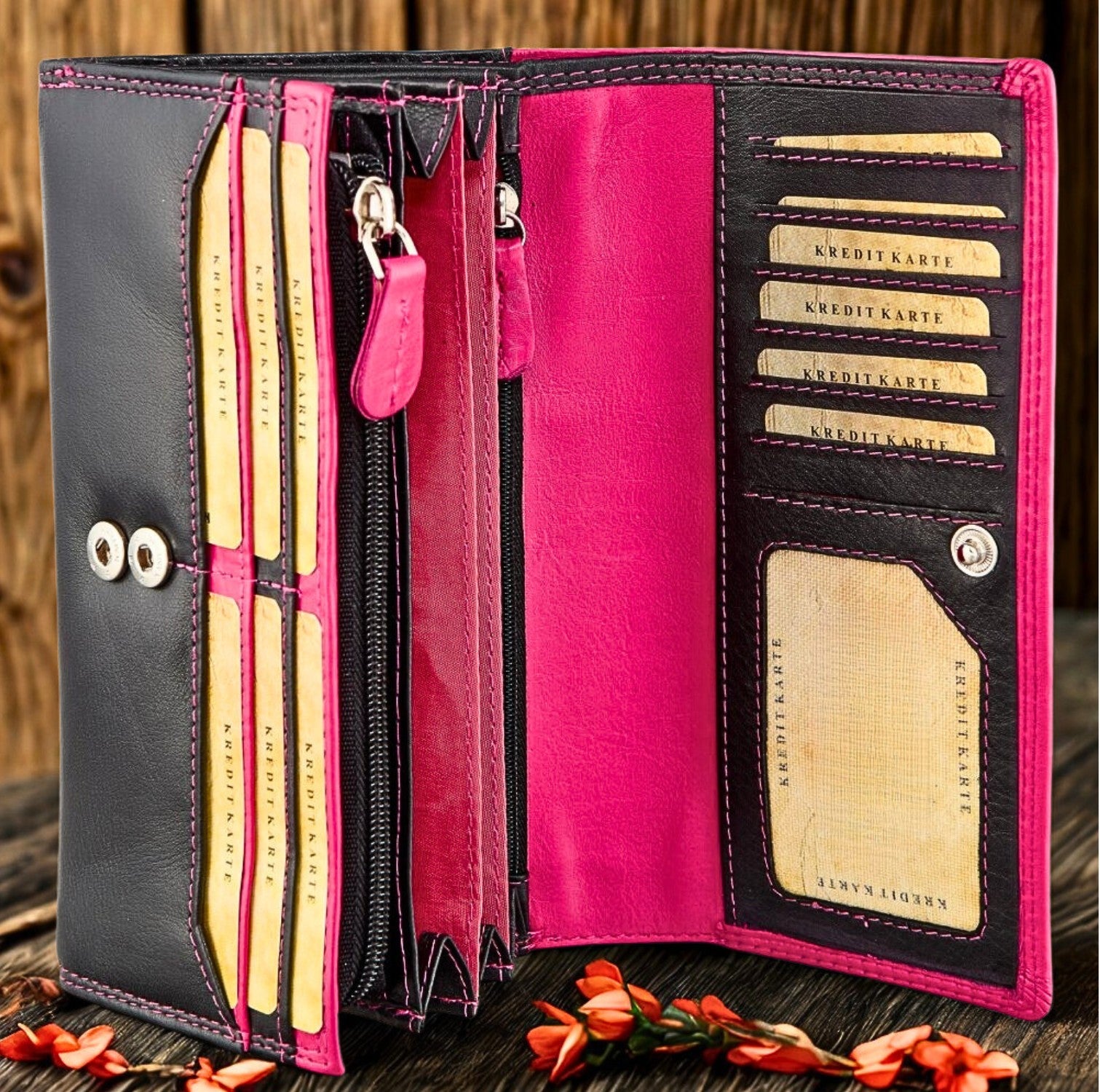 Women's handmade leather wallet with RFID protection – side view showing coin pocket and compartments | The Leather Gift Co