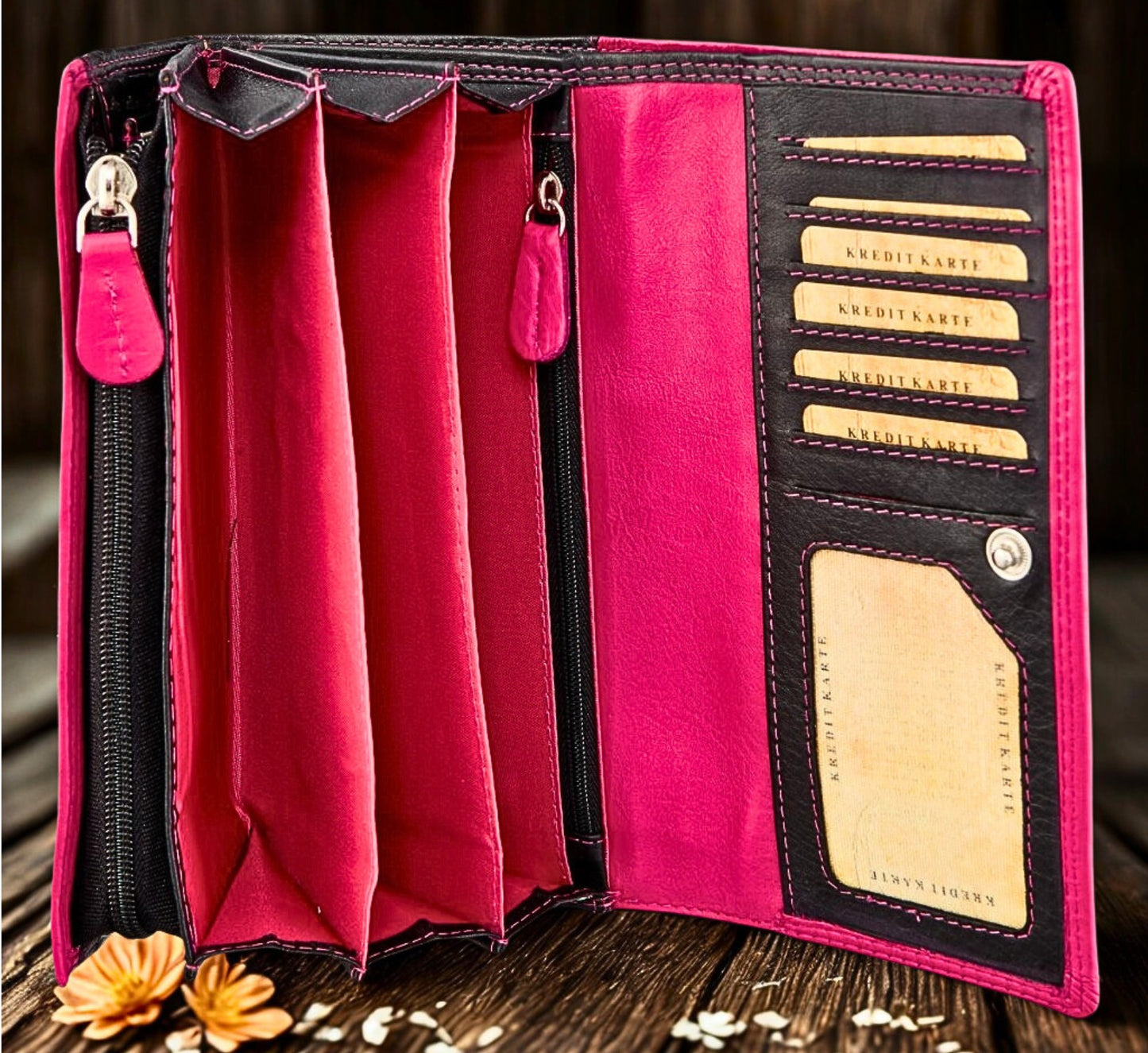 Personalized leather wallet for women – laser engraving detail on black Nappa leather | The Leather Gift Co