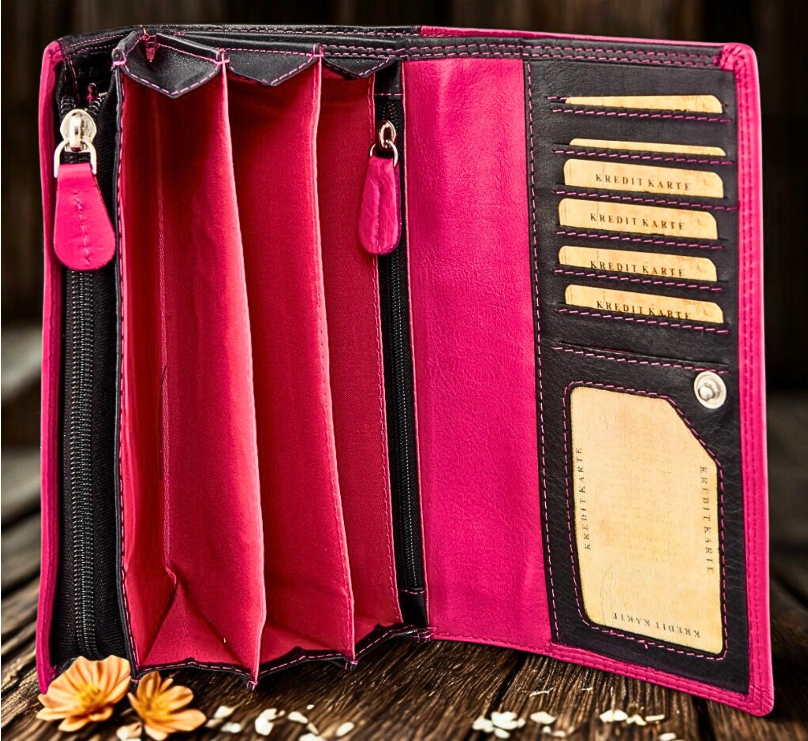 Personalized leather wallet for women – laser engraving detail on black Nappa leather | The Leather Gift Co