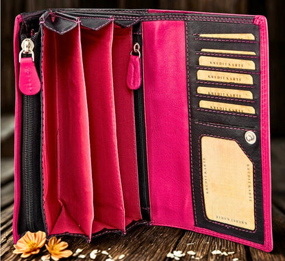Personalized leather wallet for women – laser engraving detail on black Nappa leather | The Leather Gift Co