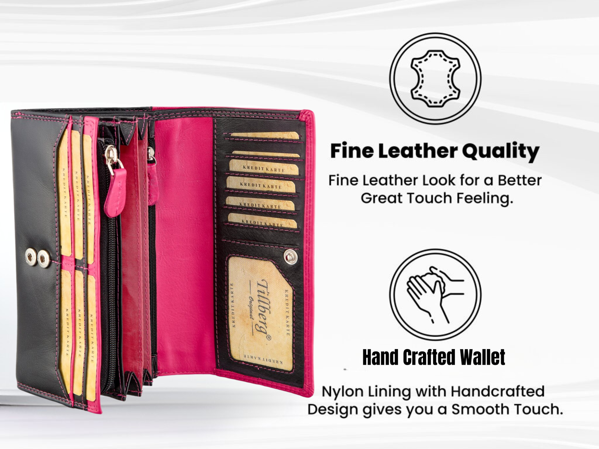 Open wallet with pink interior, black exterior, and gold accents on a white background with text about leather quality and craftsmanship.