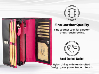 Open wallet with pink interior, black exterior, and gold accents on a white background with text about leather quality and craftsmanship.