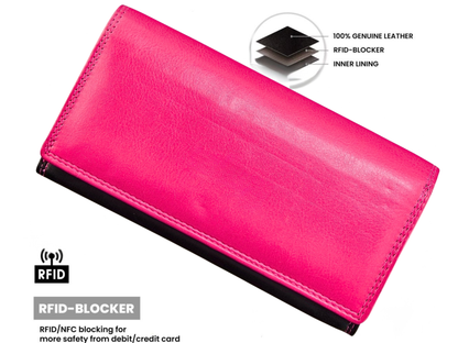 Pink wallet with RFID-blocking features on a white background