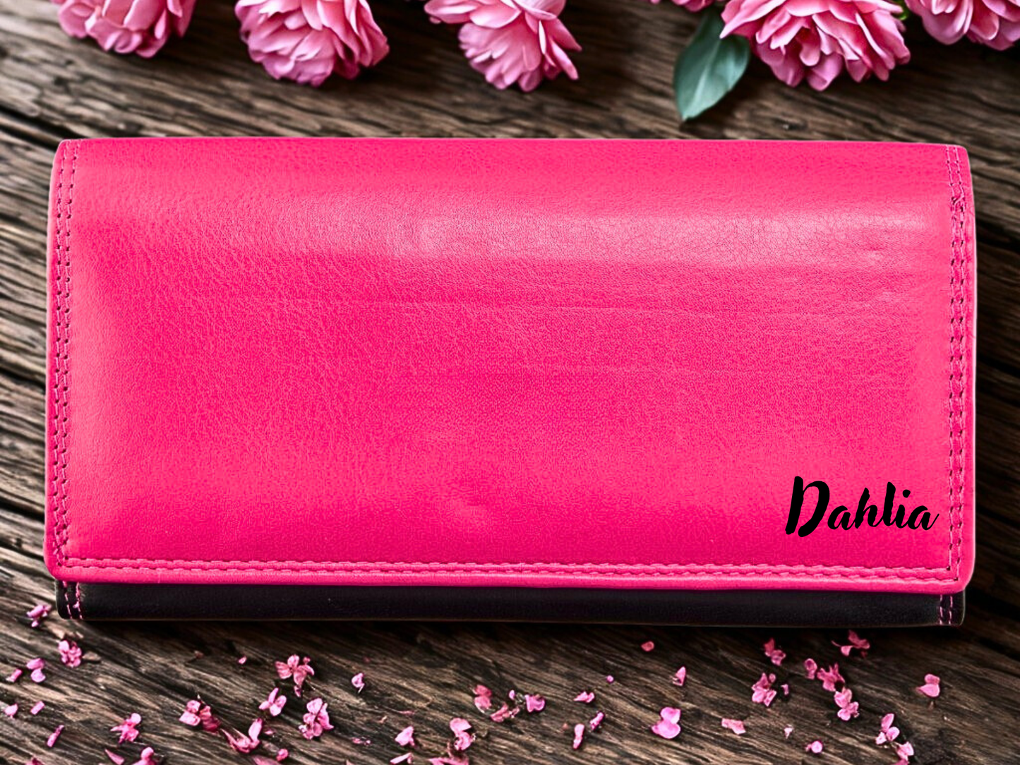 Handmade long leather wallet for women in black and pink Nappa leather – front view with engraving | The Leather Gift Co
