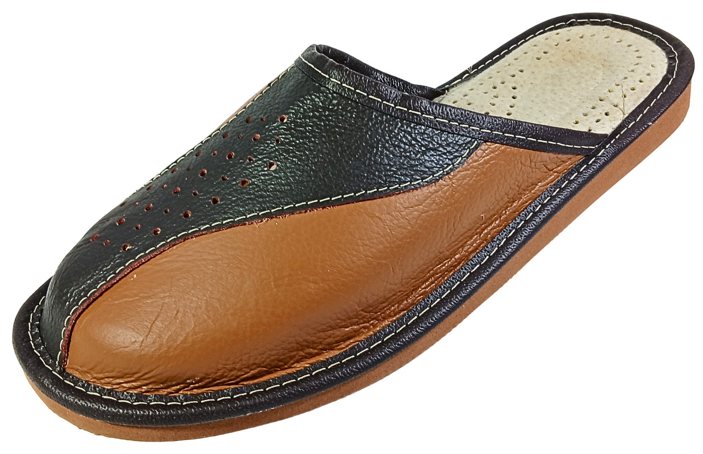 Men's two tone cowhide leather house slippers, closed toe slip-on, handmade in Poland - The Leather Gift Co