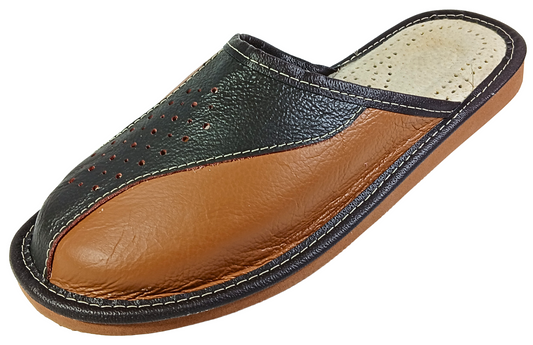 Men's two tone cowhide leather house slippers, closed toe slip-on, handmade in Poland - The Leather Gift Co