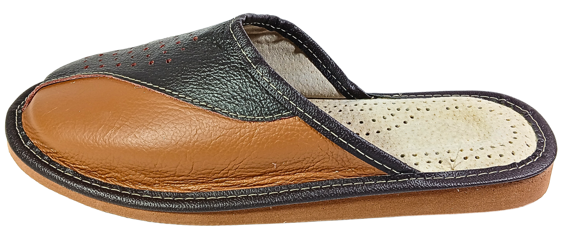 Handmade two tone leather men's slippers, side view, closed toe indoor mules - The Leather Gift Co