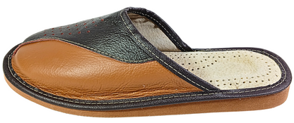 Handmade two tone leather men's slippers, side view, closed toe indoor mules - The Leather Gift Co
