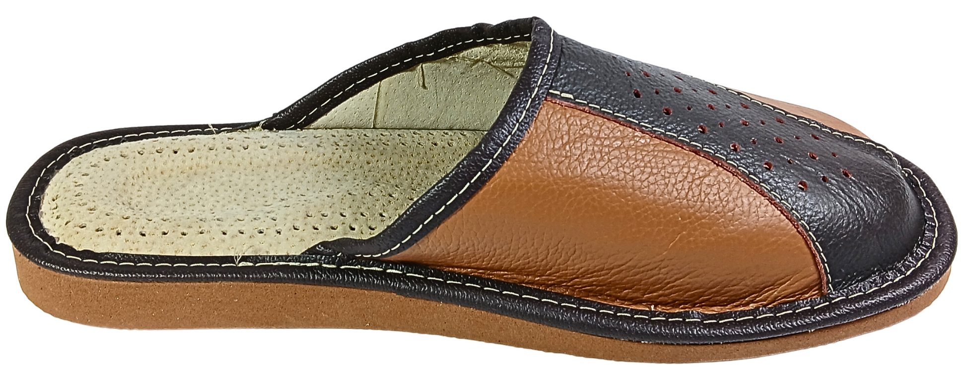 Two tone cowhide leather house slippers for men, sheepskin footbed detail - The Leather Gift Co