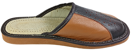 Two tone cowhide leather house slippers for men, sheepskin footbed detail - The Leather Gift Co