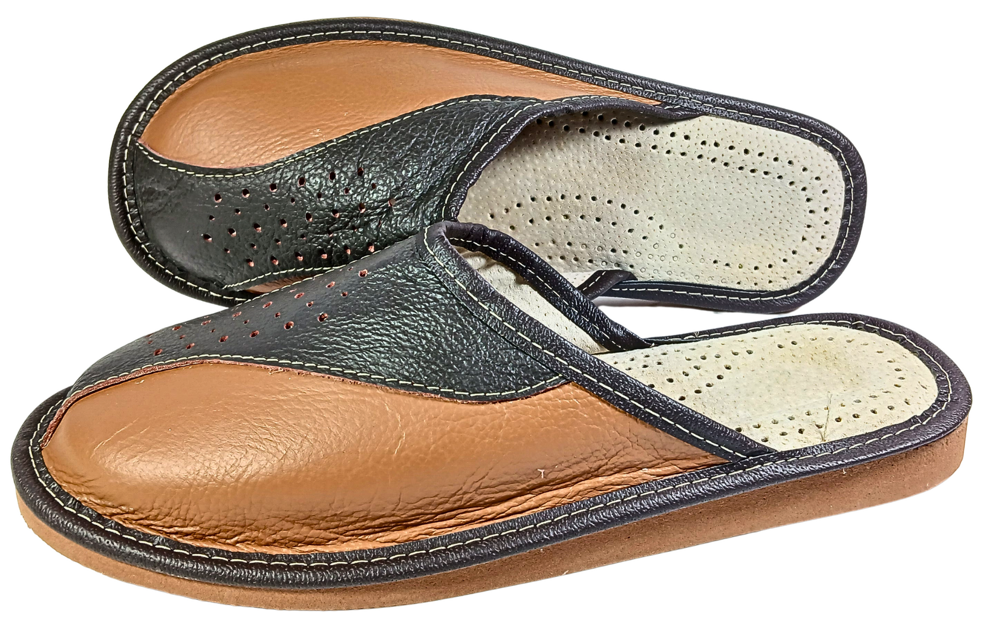 Polish artisan handmade men's leather slippers, two tone cowhide, rubber outsole - The Leather Gift Co
