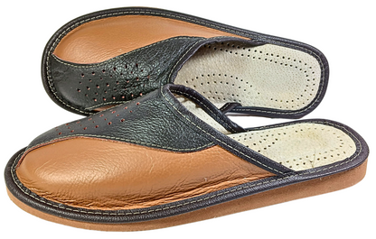 Polish artisan handmade men's leather slippers, two tone cowhide, rubber outsole - The Leather Gift Co