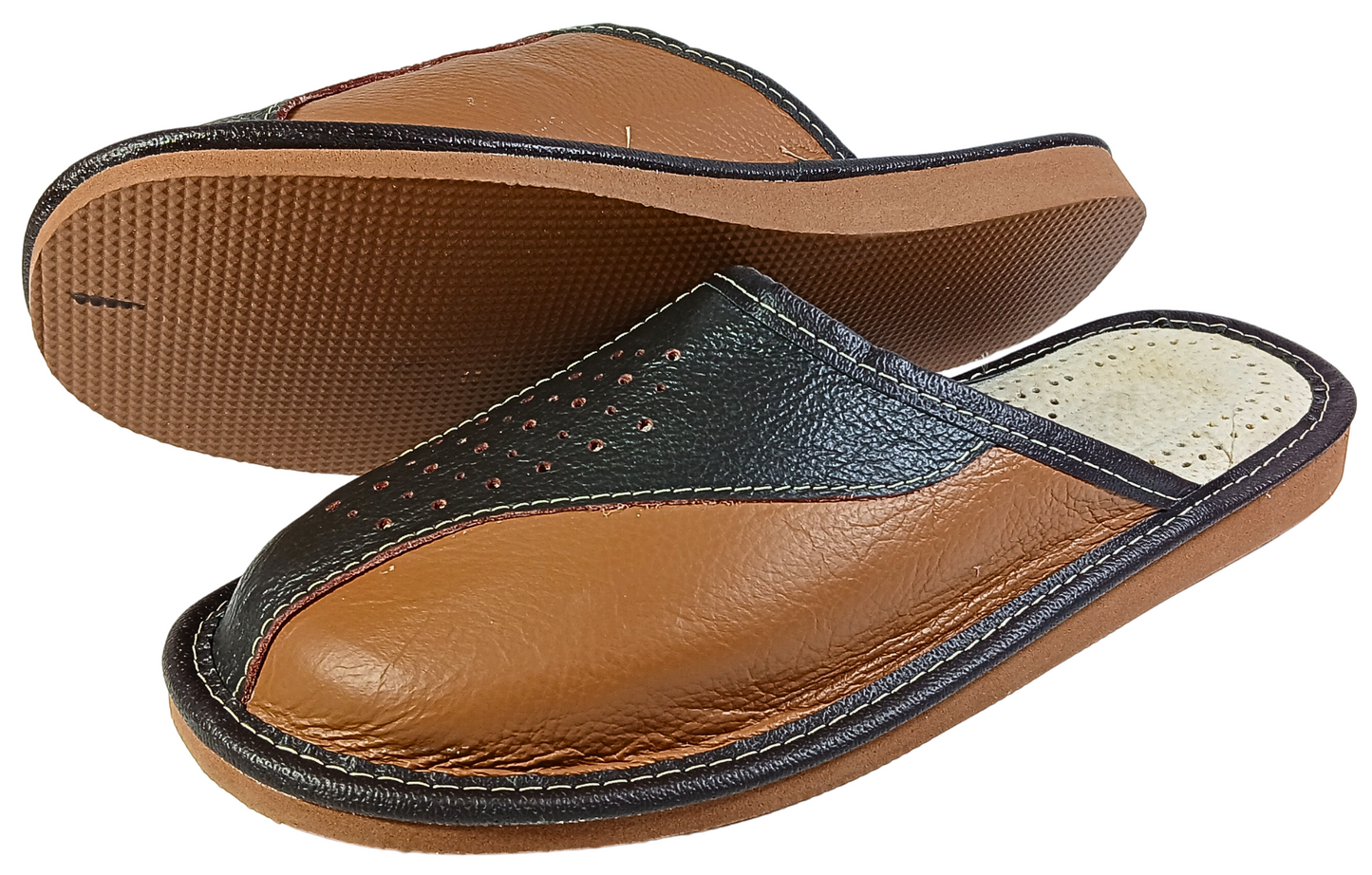 Luxury men's leather house mules, two tone cowhide, closed toe, handmade in Poland - The Leather Gift Co