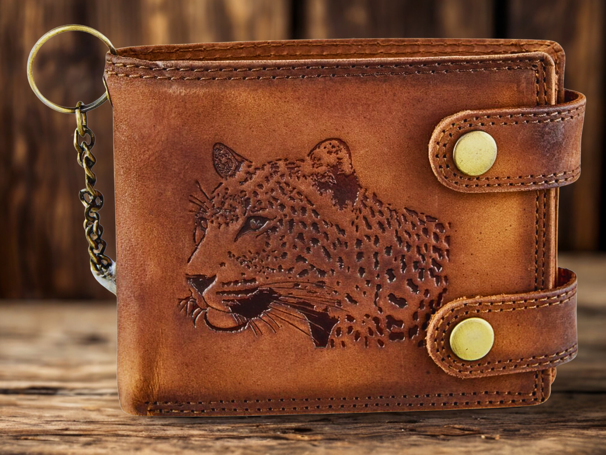 Men's leather chain wallet with 2 transparent ID windows