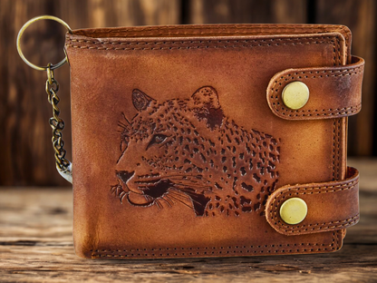 Men's leather chain wallet with 2 transparent ID windows