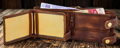 Buffalo leather biker wallet with coin pocket and snap fastener