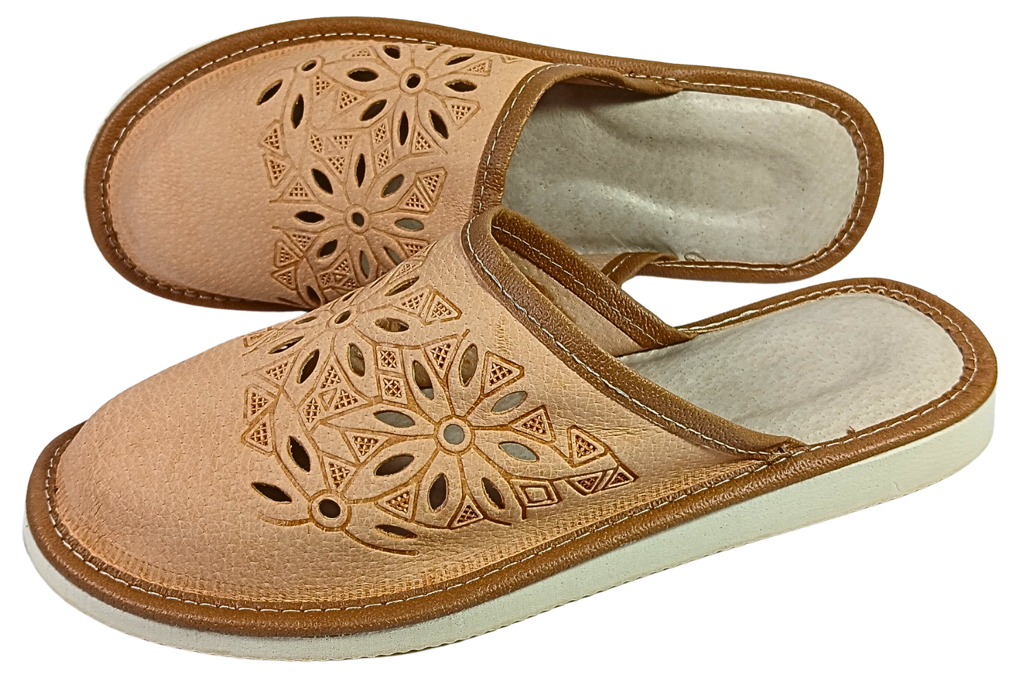 Women's handmade leather mule slippers with geometric floral laser-cut pattern, beige natural leather, EU sizes