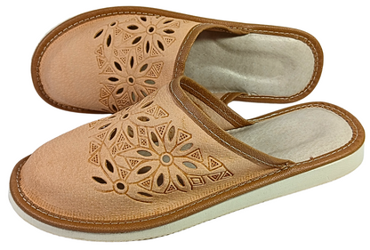 Women's handmade leather mule slippers with geometric floral laser-cut pattern, beige natural leather, EU sizes