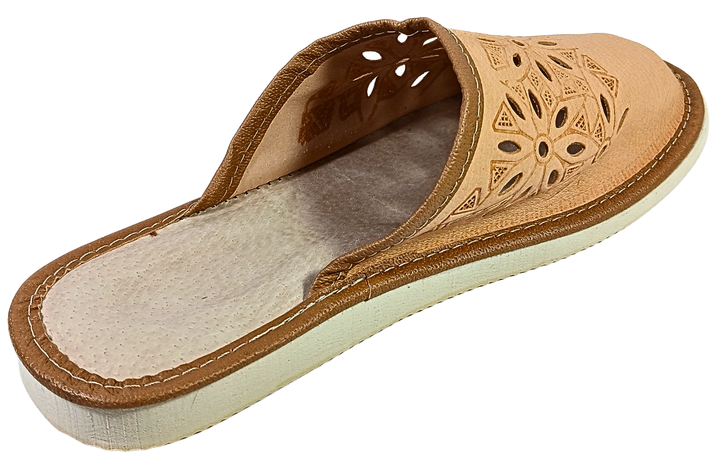 Women's genuine leather house mules with open floral cutout design, beige with chestnut brown trim, handmade in Poland