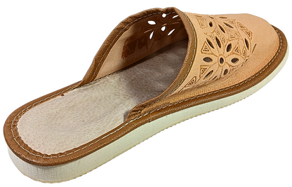 Women's genuine leather house mules with open floral cutout design, beige with chestnut brown trim, handmade in Poland