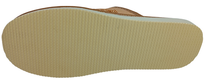 Side profile of women's Polish leather house slippers with decorative perforations and white EVA sole
