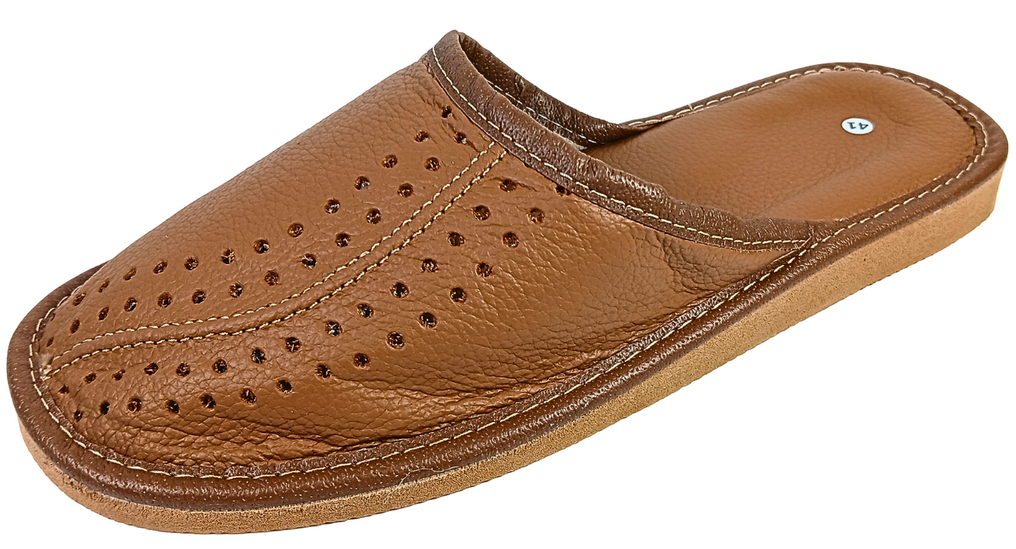 Men's genuine leather closed toe slippers in brown — handmade in Poland, sheepskin insole