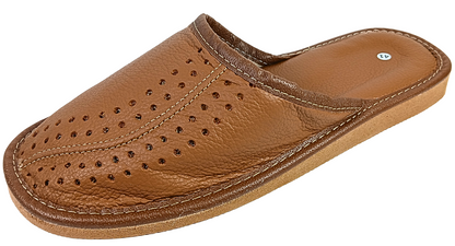 Men's genuine leather closed toe slippers in brown — handmade in Poland, sheepskin insole