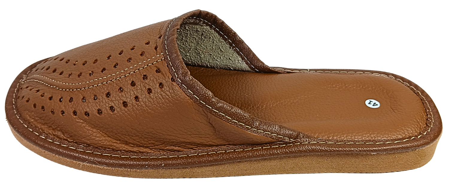 Genuine cowhide leather slippers for men — sheepskin footbed detail, brown colour