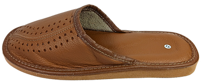 Genuine cowhide leather slippers for men — sheepskin footbed detail, brown colour