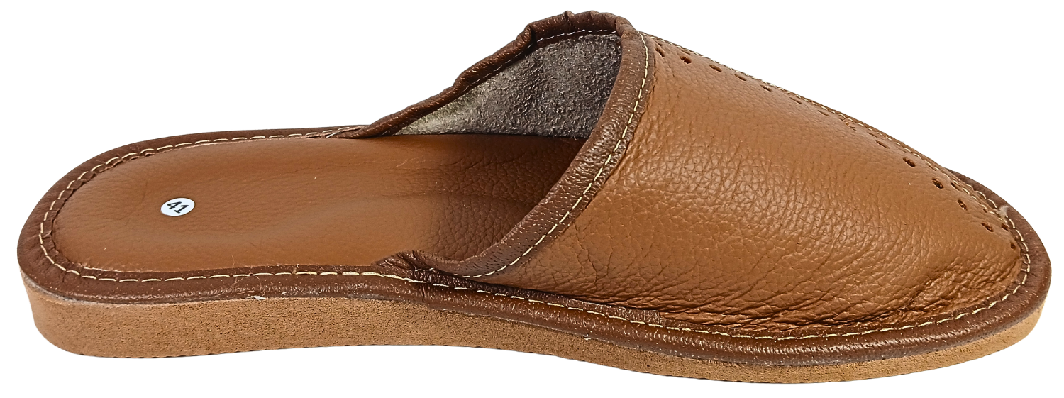 Handmade leather men's slippers — closed toe clog style, tan brown full-grain leather