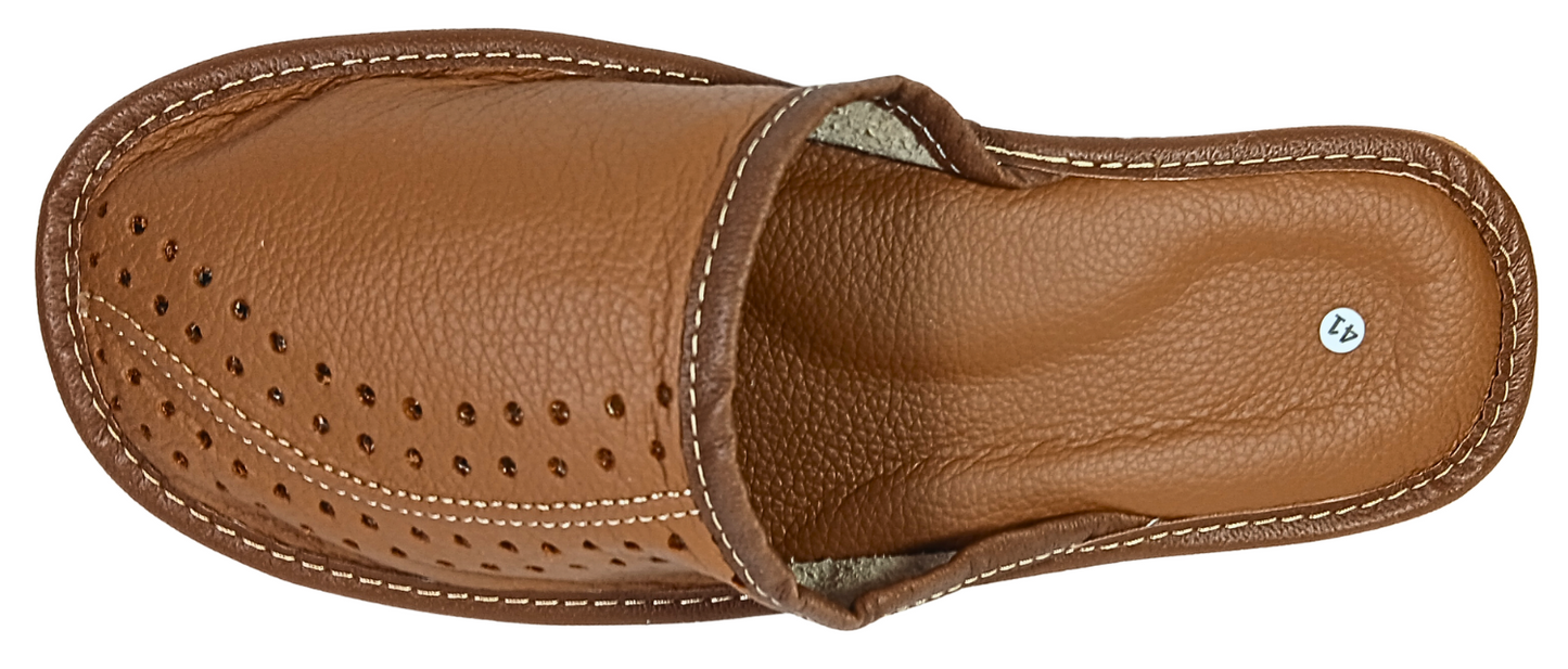 Men's leather indoor slippers with rubber sole — top view showing perforated toe box