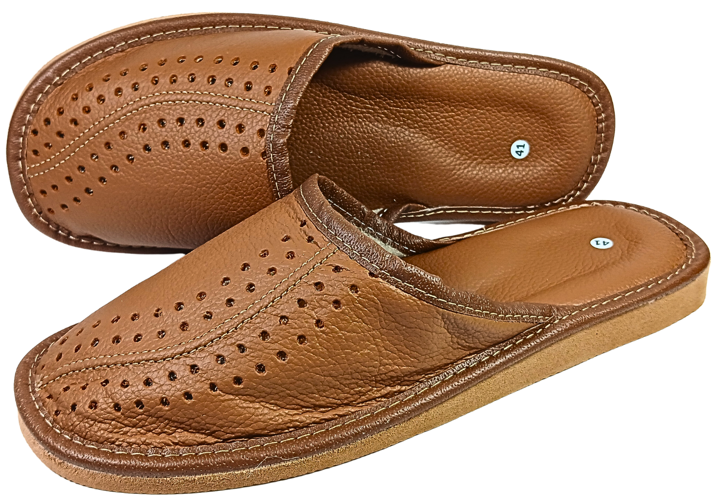 Men's leather slippers with perforated upper — breathable closed toe design, EU sizing