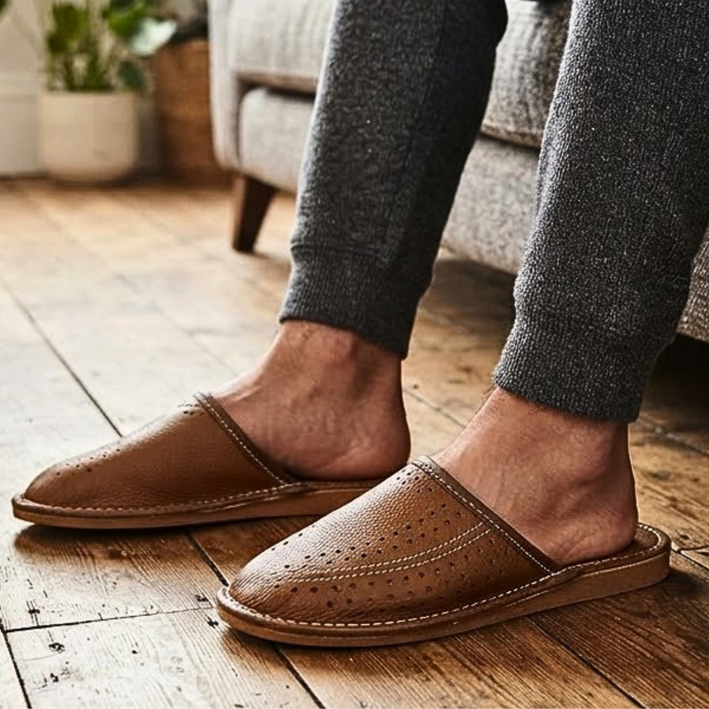 Brown leather men's house slippers with perforated upper — side view, bedroom setting