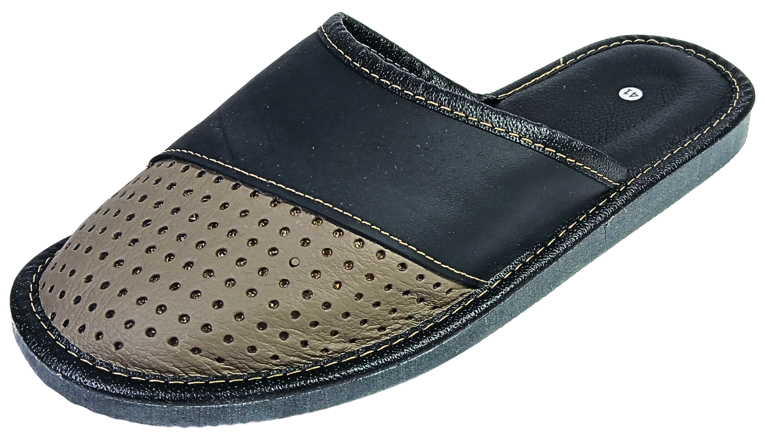 Men's two-tone black and beige leather slippers — closed toe, perforated upper, sheepskin insole, handmade in Poland