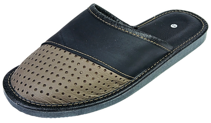 Men's two-tone black and beige leather slippers — closed toe, perforated upper, sheepskin insole, handmade in Poland