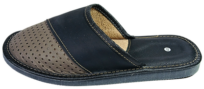 Genuine leather men's slippers — two-tone design, sheepskin footbed detail, black and beige