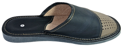 Men's closed toe leather slippers in black and beige — top view showing perforated dot pattern