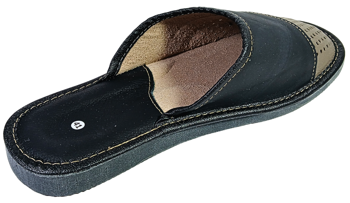 Two-tone leather house slippers for men — side profile, black toe cap and beige perforated vamp