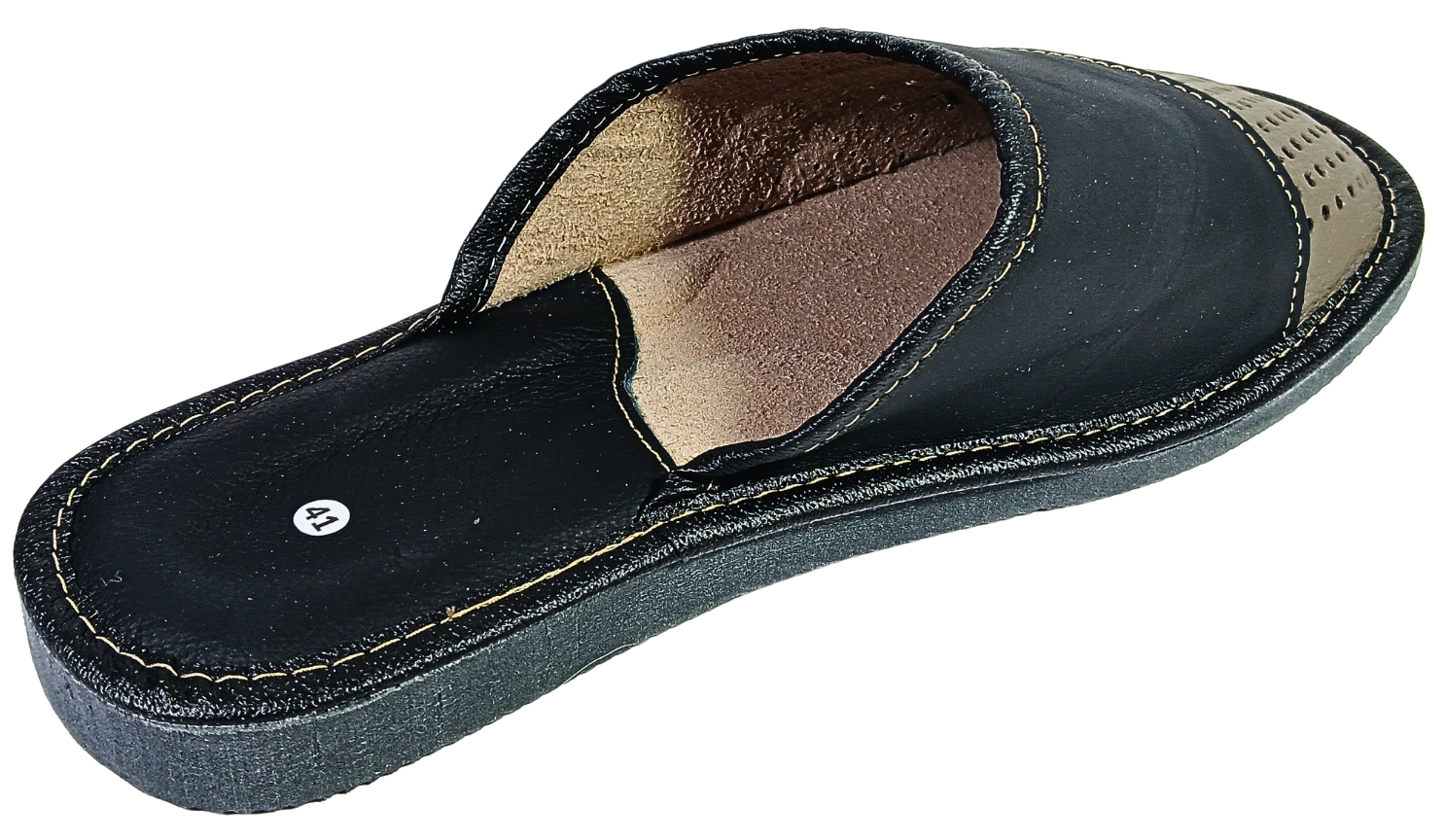 Two-tone leather house slippers for men — side profile, black toe cap and beige perforated vamp