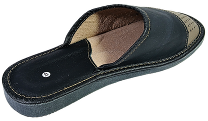 Two-tone leather house slippers for men — side profile, black toe cap and beige perforated vamp