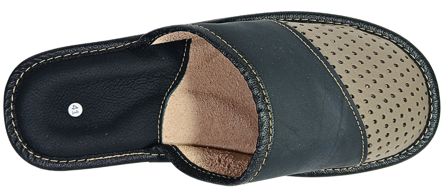 Men's perforated leather slippers — slip-on clog style, full-grain cow leather, EU sizing
