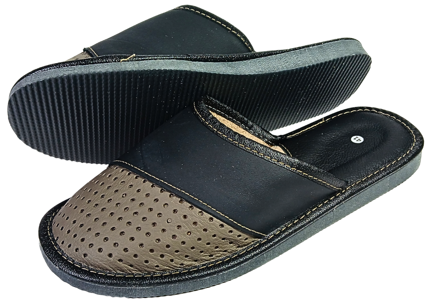 Handmade men's leather slippers — flexible dark grey rubber outsole, hand-stitched with white thread