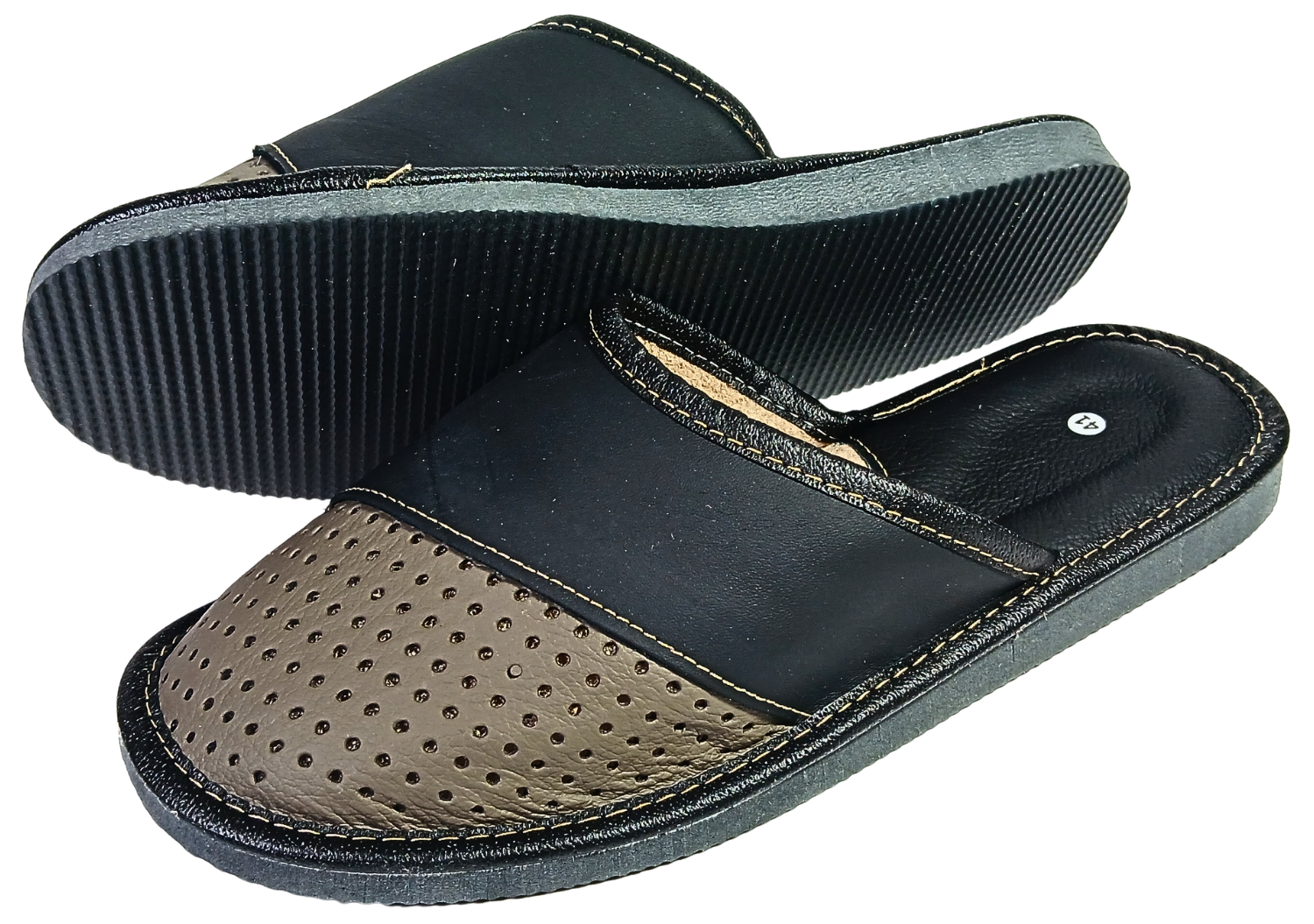 Handmade men's leather slippers — flexible dark grey rubber outsole, hand-stitched with white thread