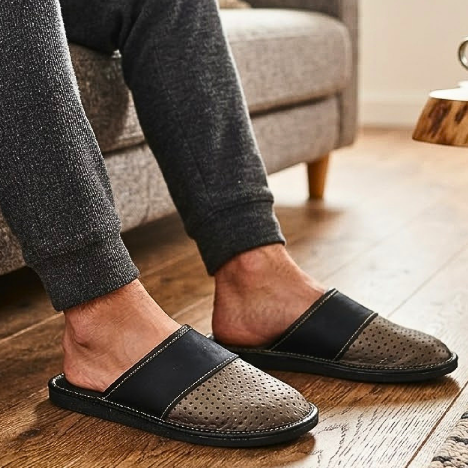 Black and beige leather men's slippers — rear view showing heel collar and contrast white stitching