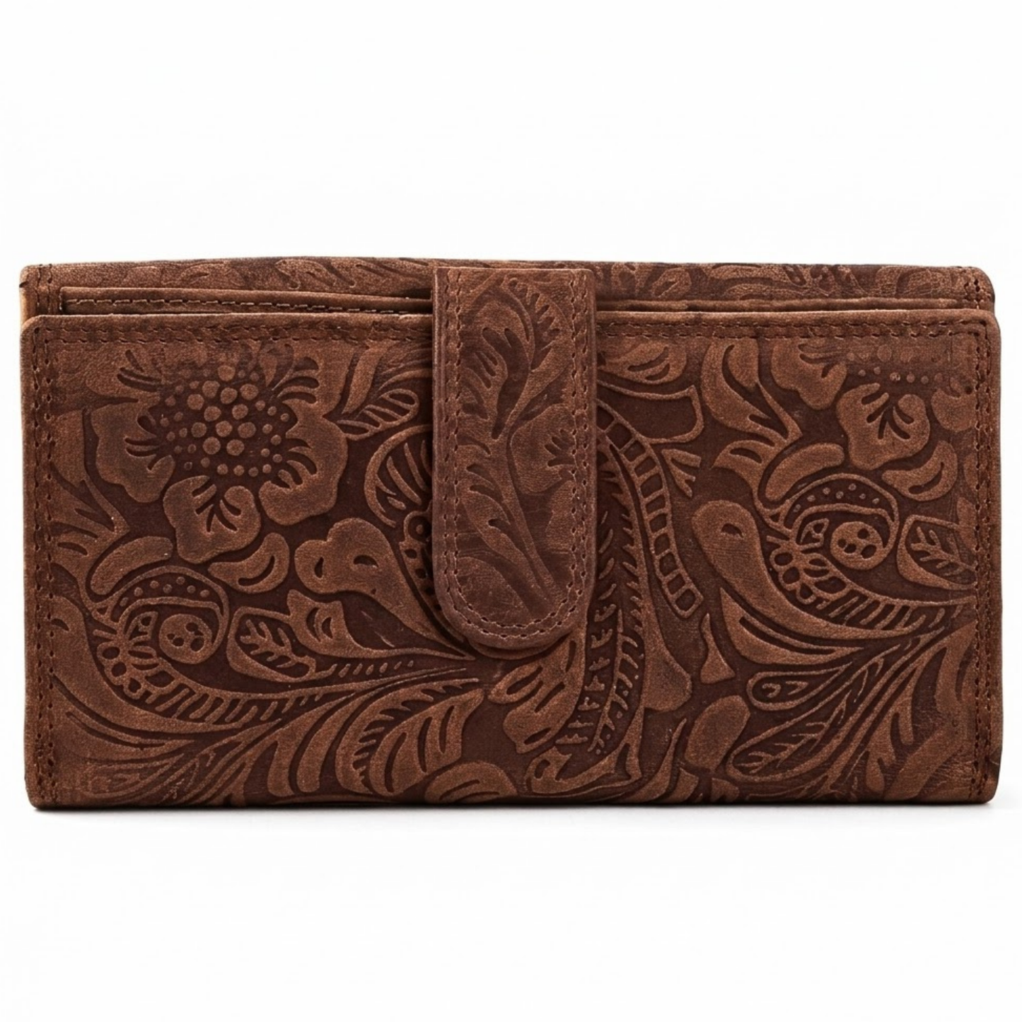 Handmade brown floral embossed leather clutch wallet – RFID protection, genuine hunter leather, The Leather Gift Co