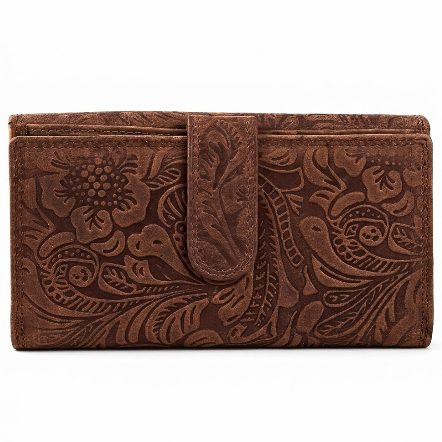 Handmade brown floral embossed leather clutch wallet – RFID protection, genuine hunter leather, The Leather Gift Co