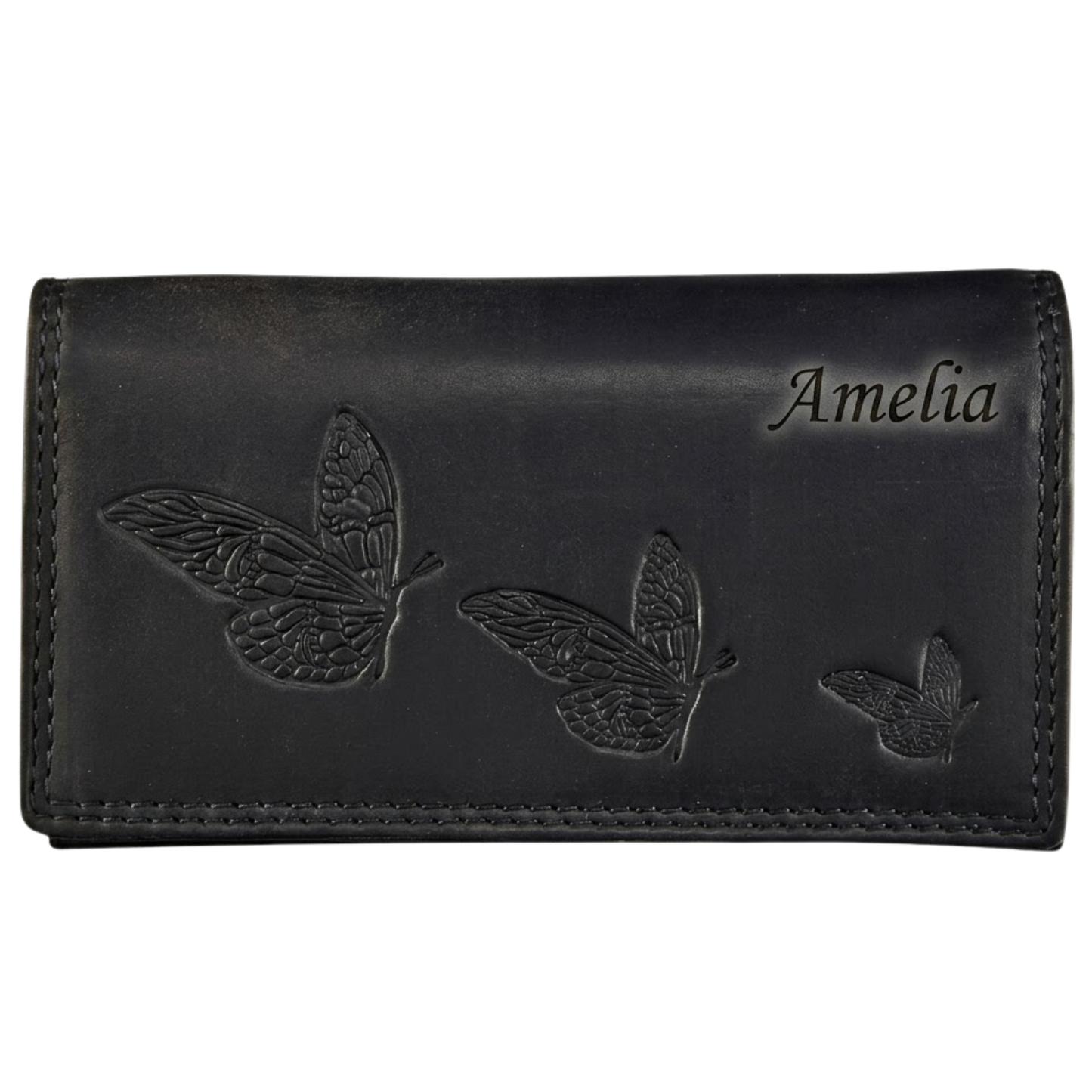 Women's leather zip wallet butterfly embossed clear ID window RFID blocking | The Leather Gift Co