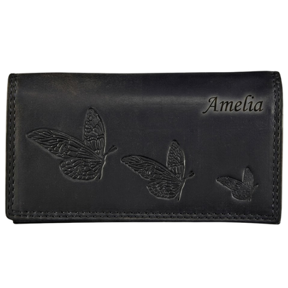 Women's leather zip wallet butterfly embossed clear ID window RFID blocking | The Leather Gift Co